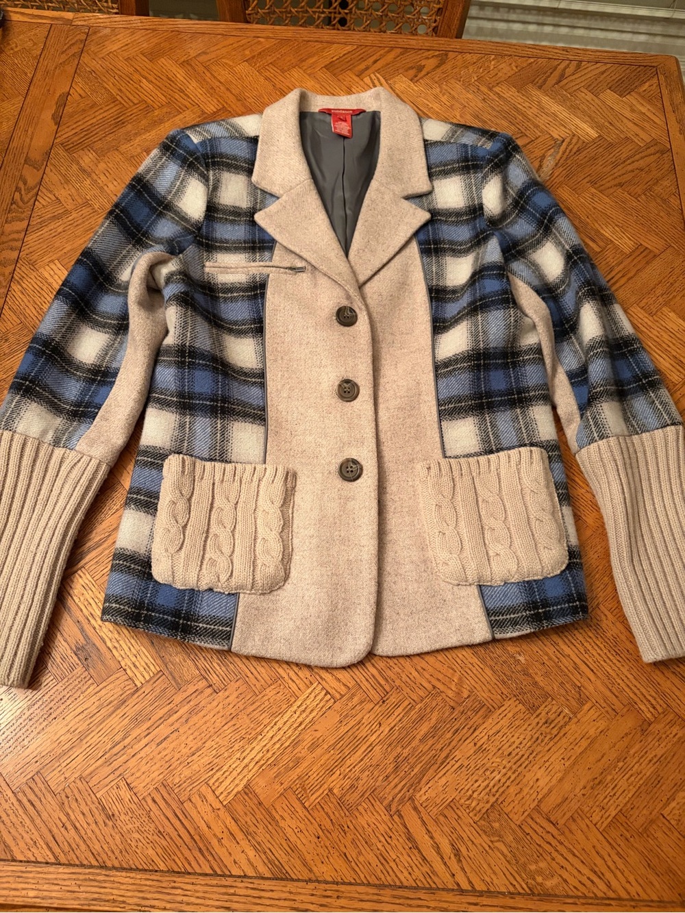 Sundance Beige and Blue Plaid Mixed-Media Blazer